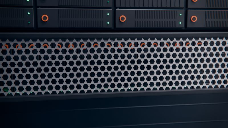 A 2U server behind a silver hexagonal security bezel, with 3.5 inch drive carriers and orange release buttons above it