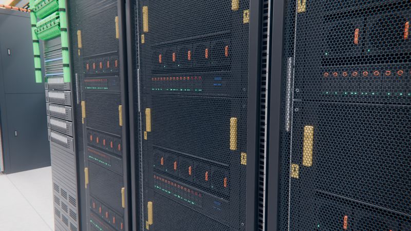 A row of racks behind perforated front doors, orange drive tabs, yellow pull tabs and green LEDs visible through the mesh