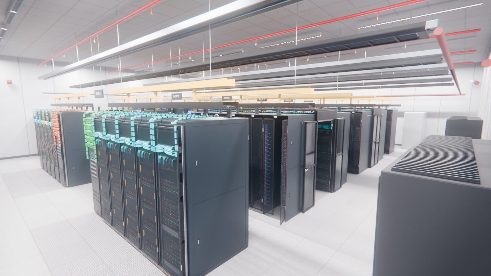 The DC72 hall: rows of black server racks with cyan fibre bundles on top, some rows behind perforated doors, overhead cable trays and red sprinkler pipes under white ceiling lights