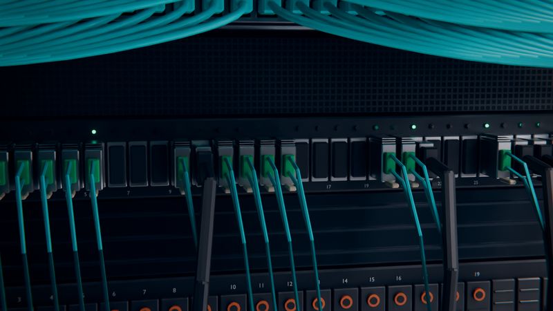 A 1U switch with numbered ports, green MPO connectors with tan pull tabs, aqua fibre and thick black copper cables