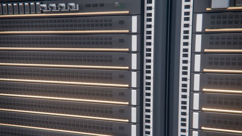Black 1U compute trays stacked in a rack, each with a gold full-width handle bar, next to a rack rail with U markings