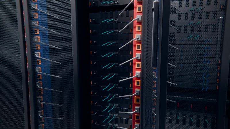 The open rear of a rack: red and blue vertical PDUs with plugged grey cords, server rears with aqua and black cables