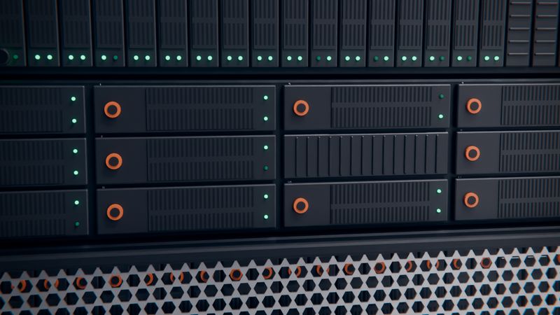 Rows of 3.5 inch drive carriers with round orange release buttons and small round status LEDs